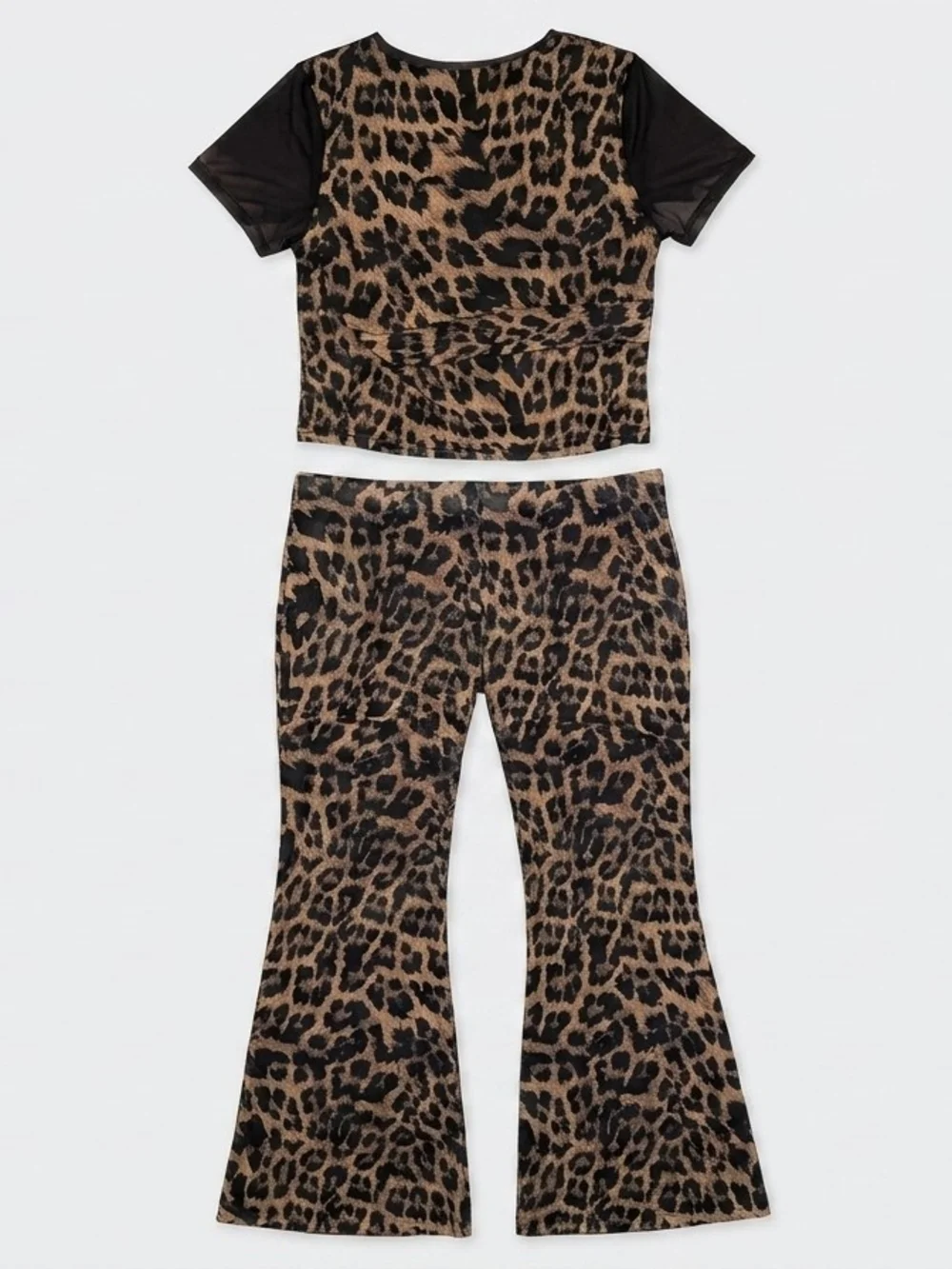 Leopard Print Two-Piece Top & Flare Pants Set - Brown Black